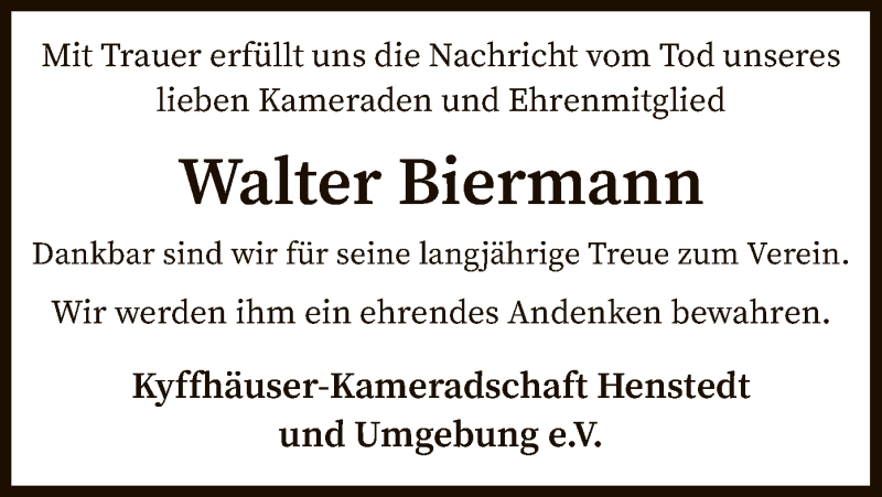  Traueranzeige für Walter Biermann vom 20.02.2021 aus SYK