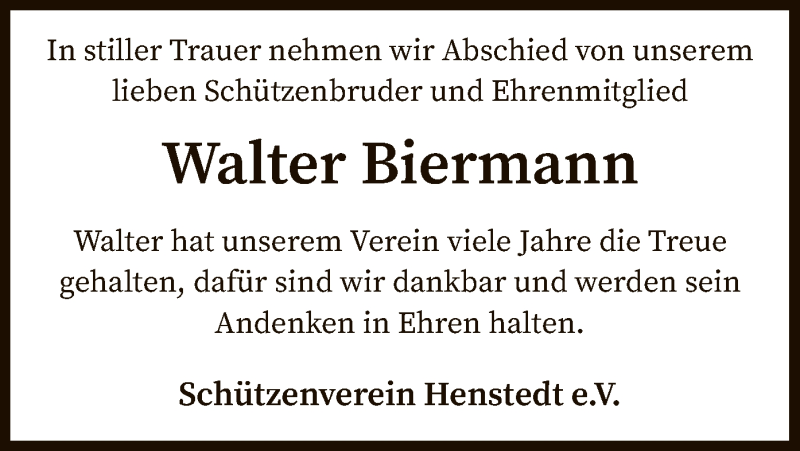  Traueranzeige für Walter Biermann vom 20.02.2021 aus SYK