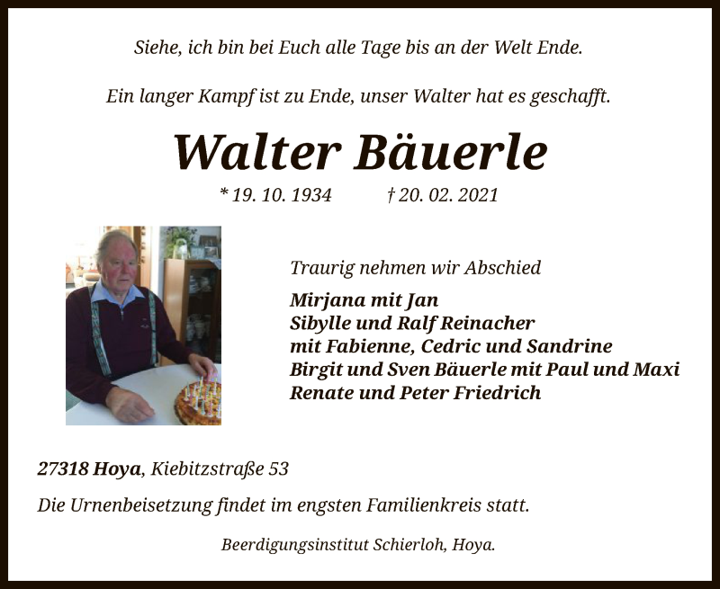  Traueranzeige für Walter Bäuerle vom 27.02.2021 aus SYK