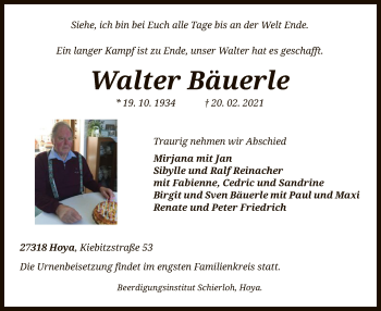 Traueranzeige von Walter Bäuerle von SYK