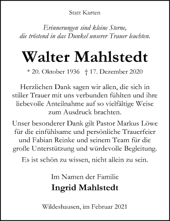 Traueranzeige von Walter Mahlstedt von SYK