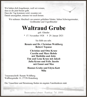 Traueranzeige von Waltraud Grube von SYK