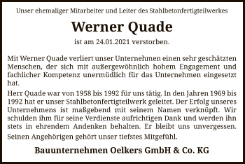 Traueranzeige von Werner Quade von SYK