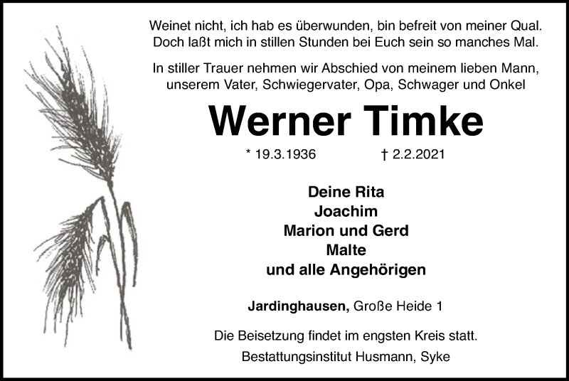  Traueranzeige für Werner Timke vom 05.02.2021 aus SYK