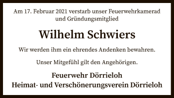 Traueranzeige von Wilhelm Schwiers von SYK