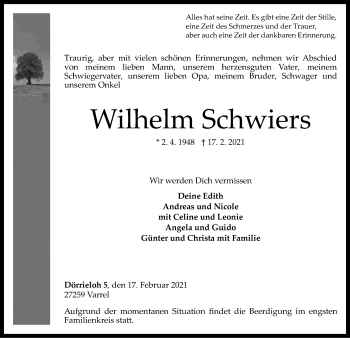 Traueranzeige von Wilhelm Schwiers von SYK