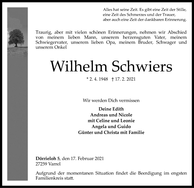  Traueranzeige für Wilhelm Schwiers vom 23.02.2021 aus SYK