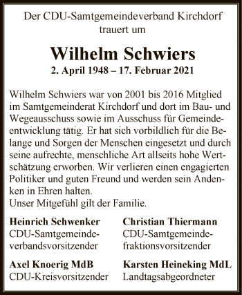 Traueranzeige von Wilhelm Schwiers von SYK