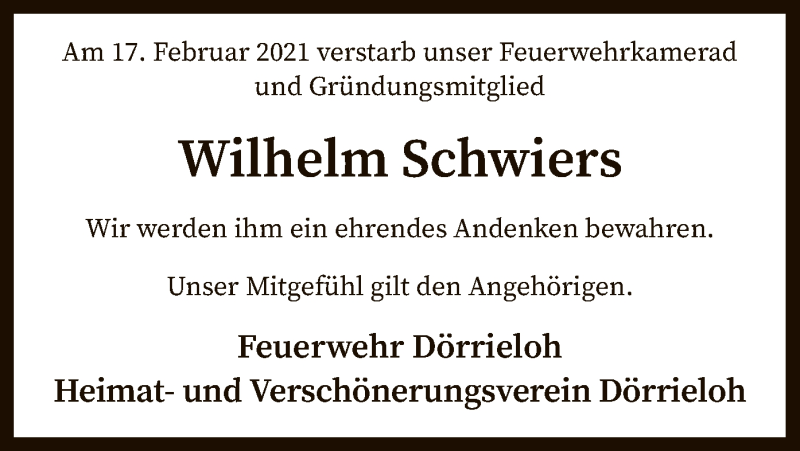  Traueranzeige für Wilhelm Schwiers vom 23.02.2021 aus SYK