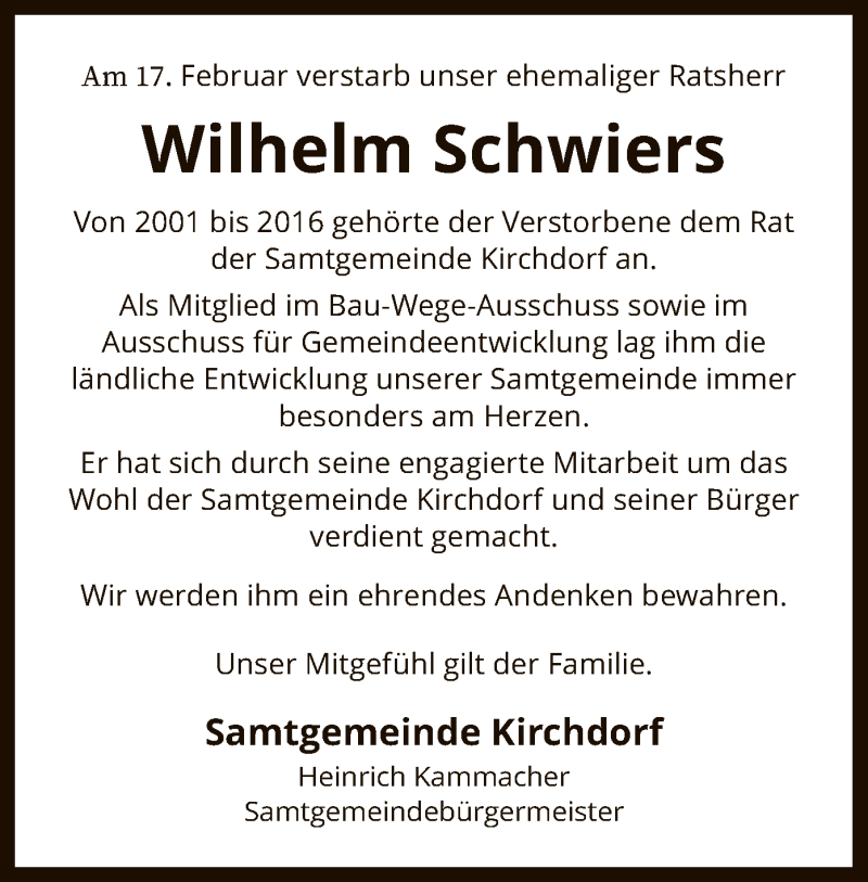 Traueranzeige für Wilhelm Schwiers vom 24.02.2021 aus SYK
