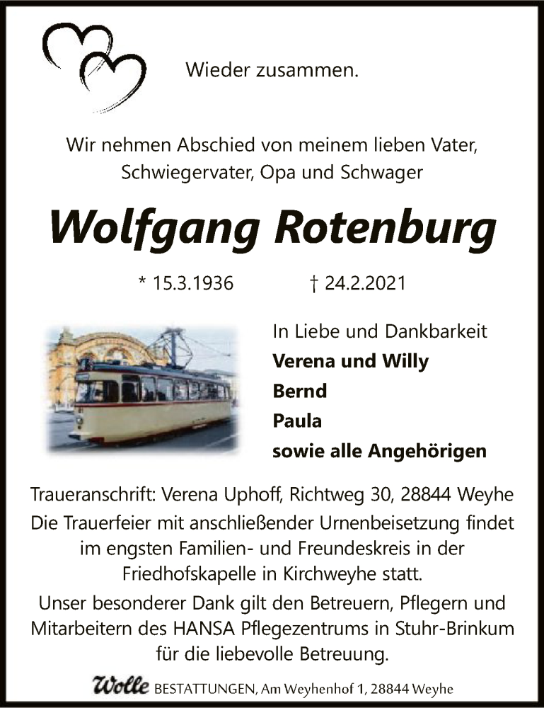  Traueranzeige für Wolfgang Rotenburg vom 27.02.2021 aus SYK