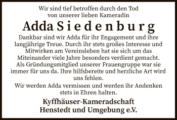 Traueranzeige von Adda Siedenburg von SYK