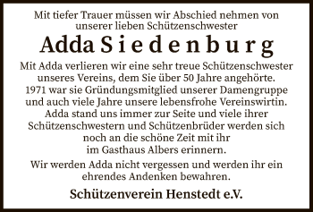 Traueranzeige von Adda Siedenburg von SYK