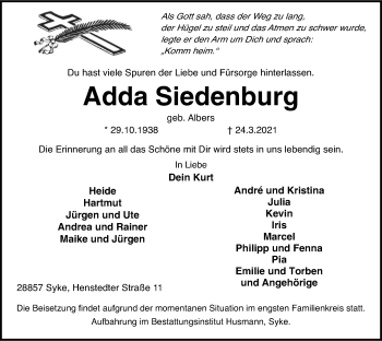 Traueranzeige von Adda Siedenburg von SYK