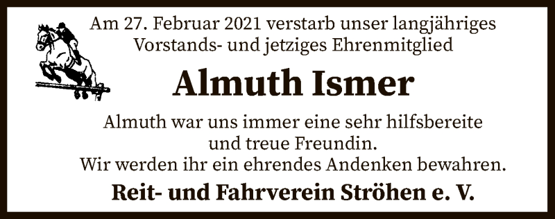  Traueranzeige für Almuth Ismer vom 03.03.2021 aus SYK