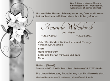 Traueranzeige von Amanda Willenbrock von SYK