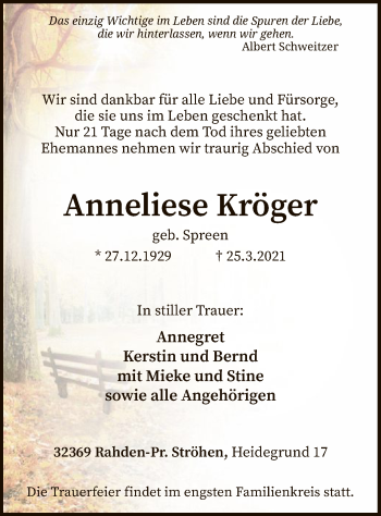 Traueranzeige von Anneliese Kröger von SYK