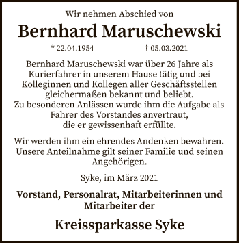 Traueranzeige von Bernhard Maruschewski von SYK