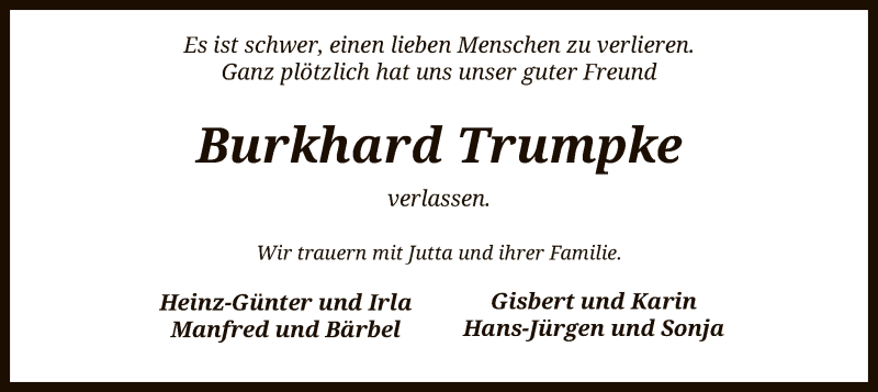  Traueranzeige für Burkhard Trumpke vom 27.03.2021 aus SYK