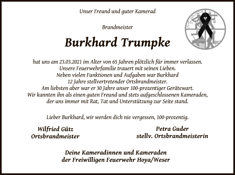  Traueranzeige für Burkhard Trumpke vom 27.03.2021 aus SYK