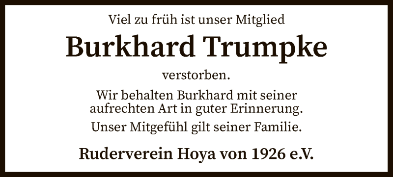  Traueranzeige für Burkhard Trumpke vom 30.03.2021 aus SYK