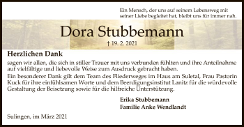 Traueranzeige von Dora Stubbemann von SYK