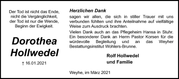 Traueranzeige von Dorothea Hollwedel von SYK