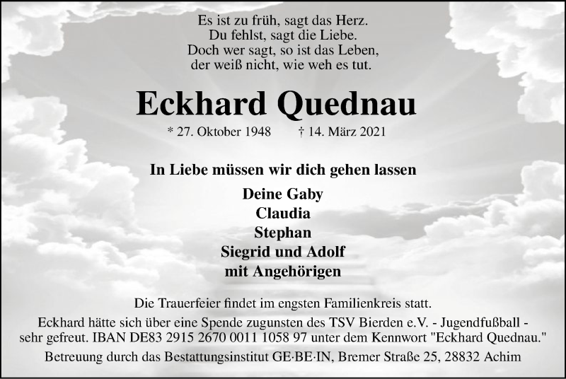  Traueranzeige für Eckhard Quednau vom 27.03.2021 aus SYK