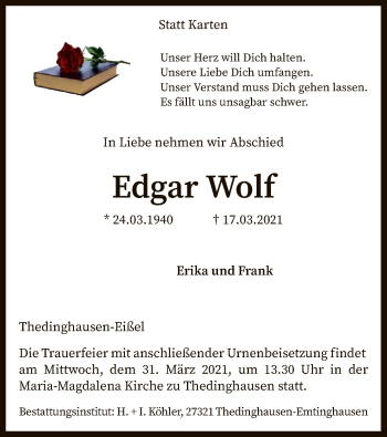 Traueranzeige von Edgar Wolf von SYK