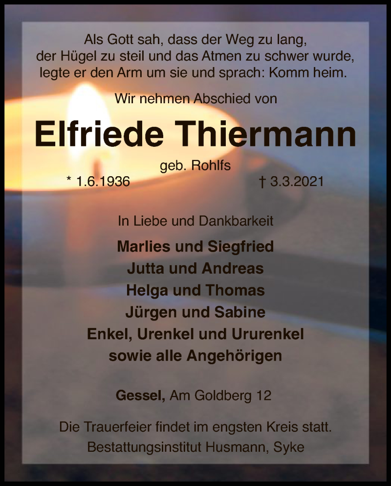  Traueranzeige für Elfriede Thiermann vom 06.03.2021 aus SYK