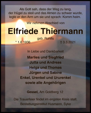 Traueranzeige von Elfriede Thiermann von SYK