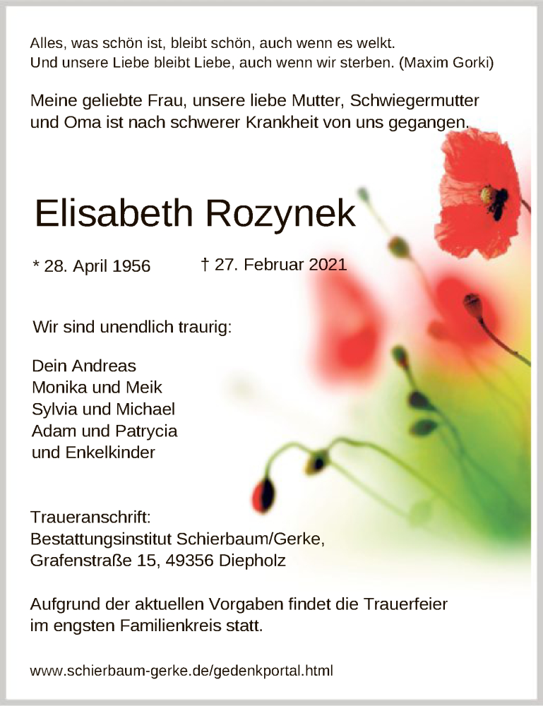  Traueranzeige für Elisabeth Rozynek vom 06.03.2021 aus SYK