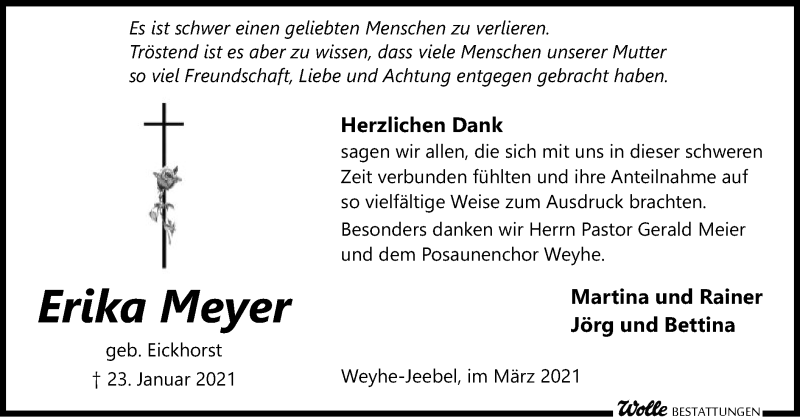 Traueranzeigen von Erika Meyer | trauer.kreiszeitung.de