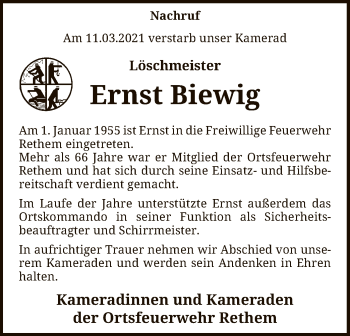 Traueranzeige von Ernst Biewig von SYK