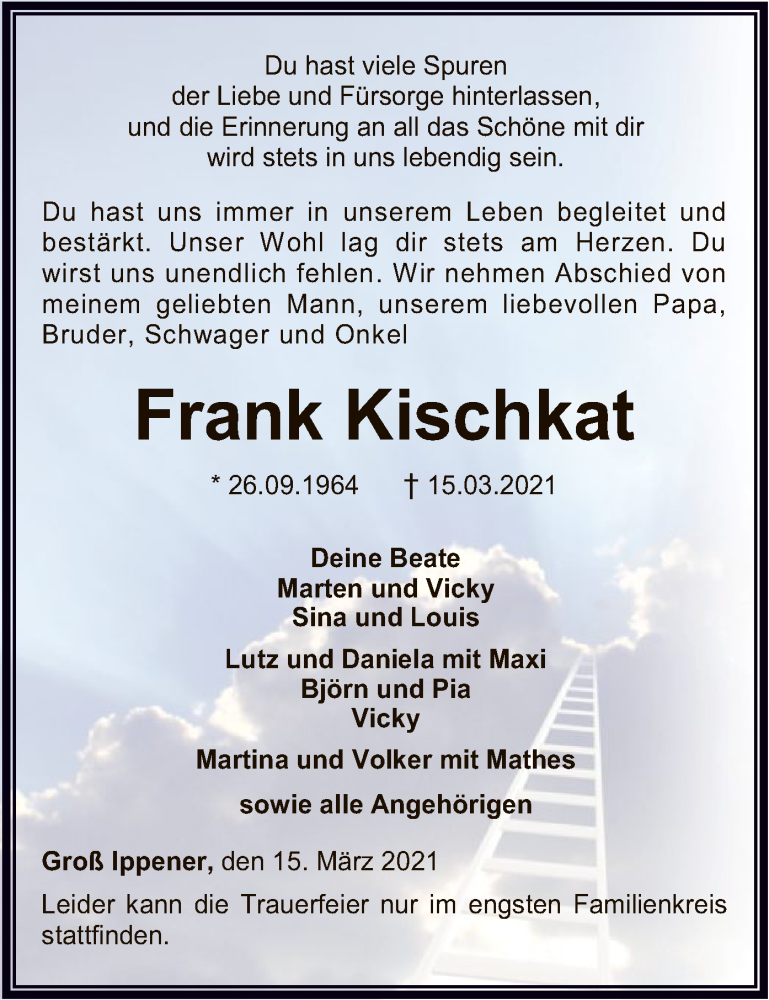  Traueranzeige für Frank Kischkat vom 18.03.2021 aus SYK