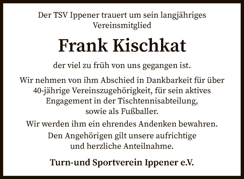  Traueranzeige für Frank Kischkat vom 18.03.2021 aus SYK