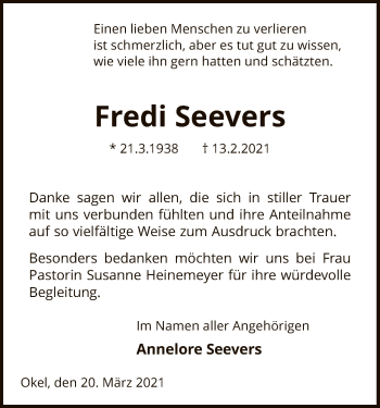 Traueranzeige von Fredi Seevers von SYK