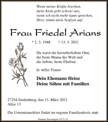 Traueranzeige von Friedel Arians von SYK