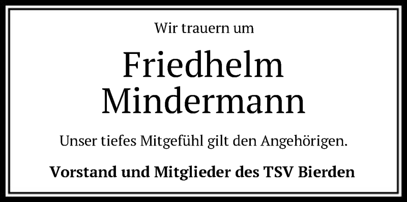  Traueranzeige für Friedhelm Mindermann vom 13.03.2021 aus SYK