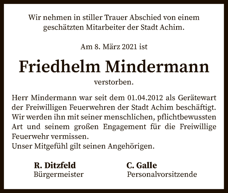  Traueranzeige für Friedhelm Mindermann vom 13.03.2021 aus SYK
