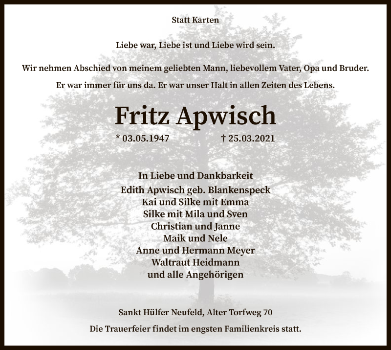  Traueranzeige für Fritz Apwisch vom 27.03.2021 aus SYK