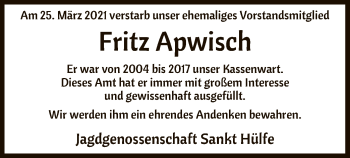 Traueranzeige von Fritz Apwisch von SYK