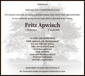 Traueranzeige von Fritz Apwisch von SYK