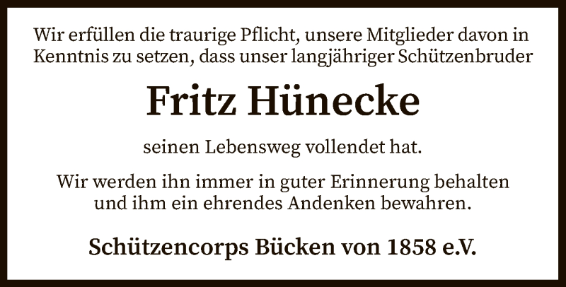  Traueranzeige für Fritz Hünecke vom 10.03.2021 aus SYK