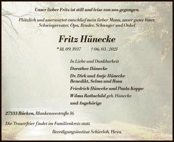 Traueranzeige von Fritz Hünecke von SYK