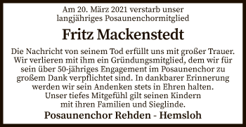 Traueranzeige von Fritz Mackenstedt von SYK