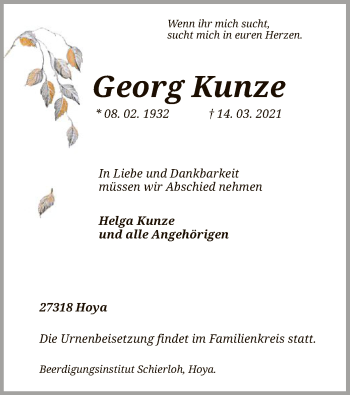 Traueranzeige von Georg Kunze von SYK