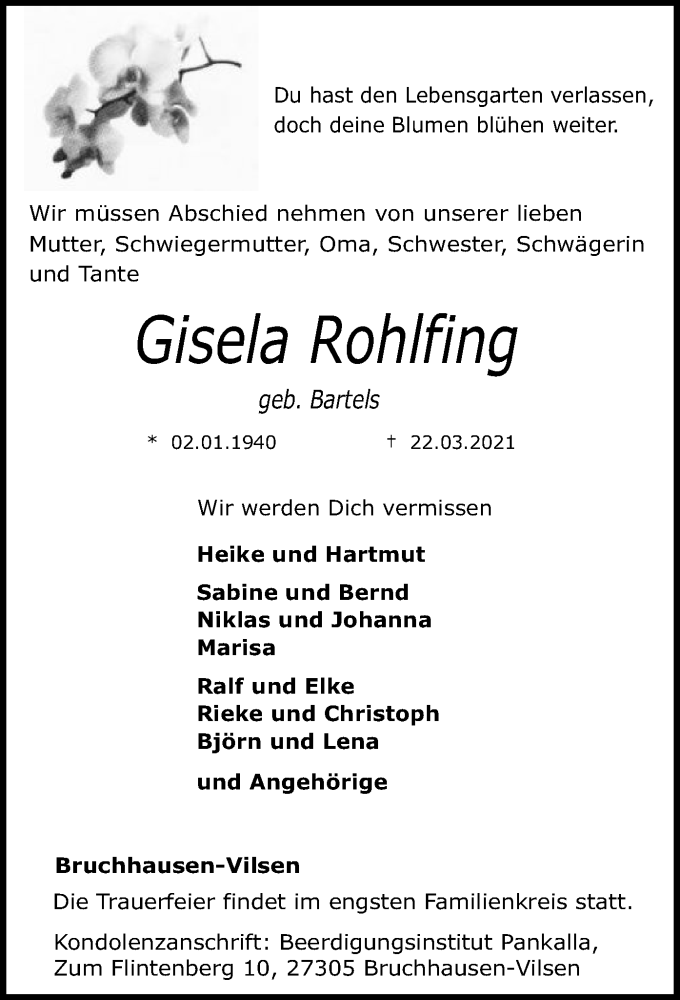  Traueranzeige für Gisela Rohlfing vom 24.03.2021 aus SYK