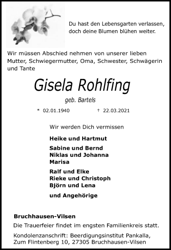 Traueranzeige von Gisela Rohlfing von SYK