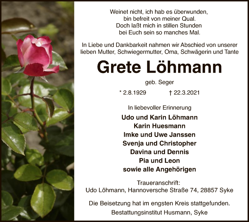  Traueranzeige für Grete Löhmann vom 27.03.2021 aus SYK